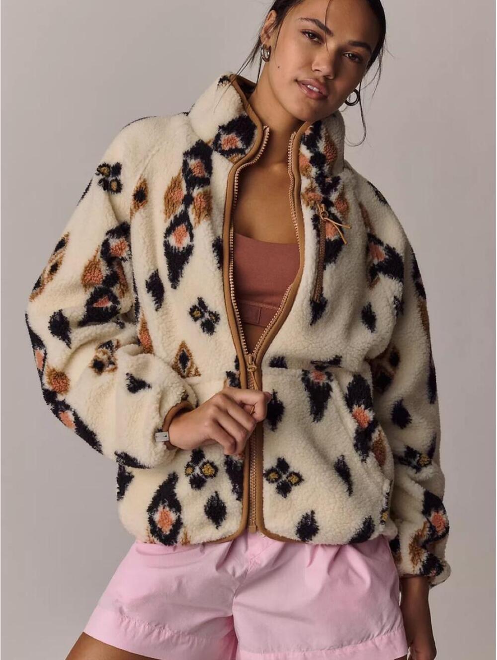 The Upside cream and brown geometric patterned fleece jacket